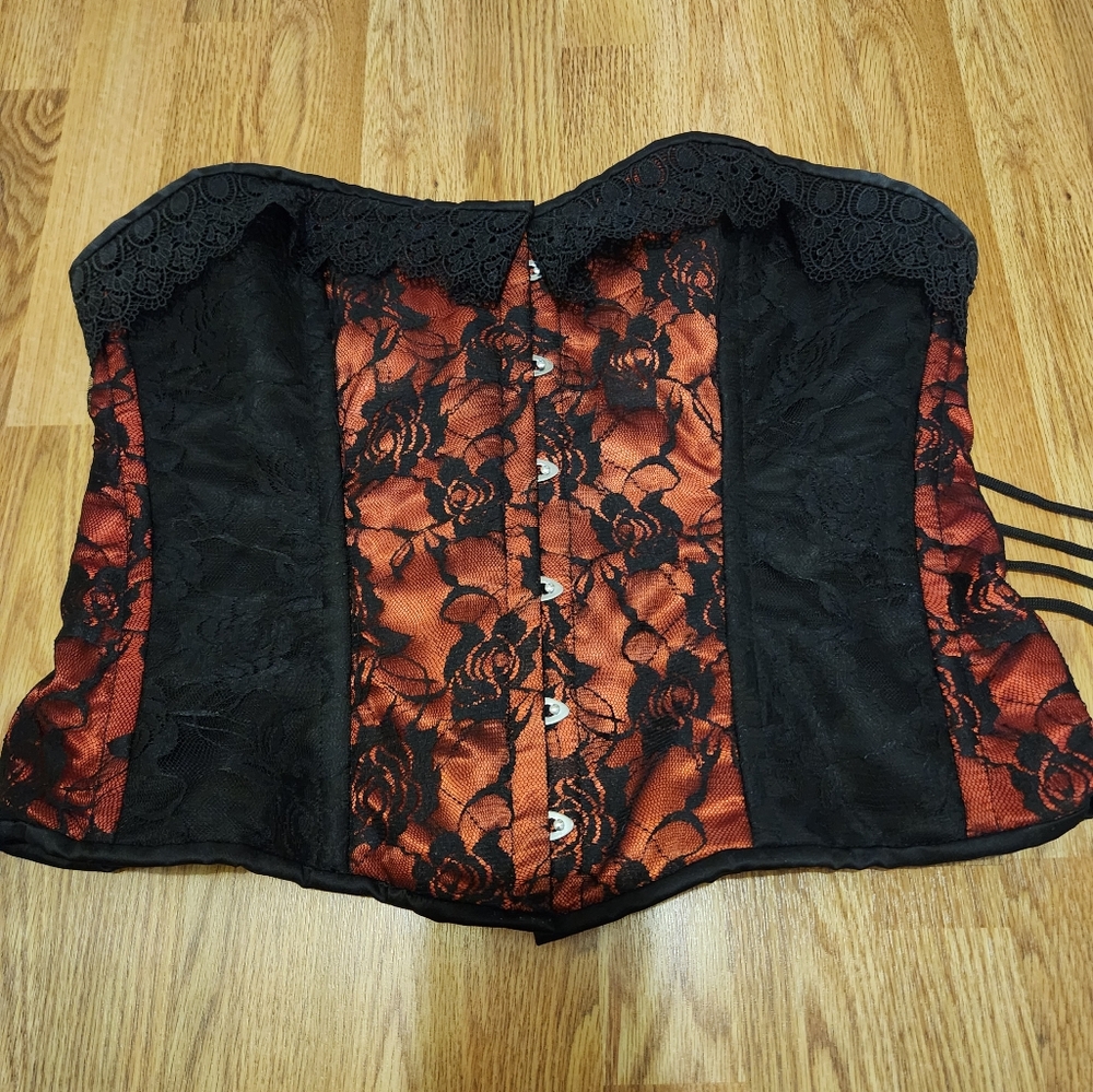 Corsettery steel bonded lace red and black corset